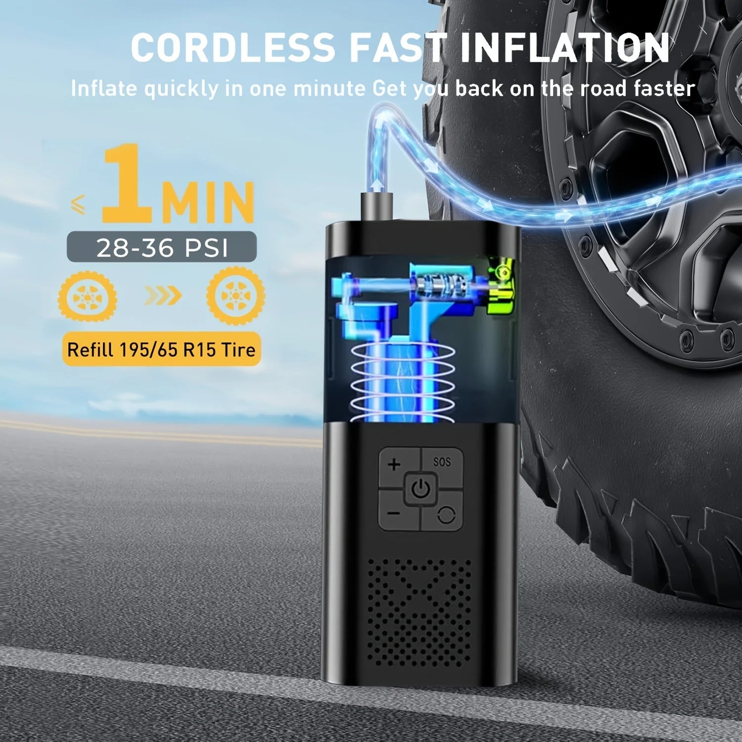 Car tire inflator with text on a road background