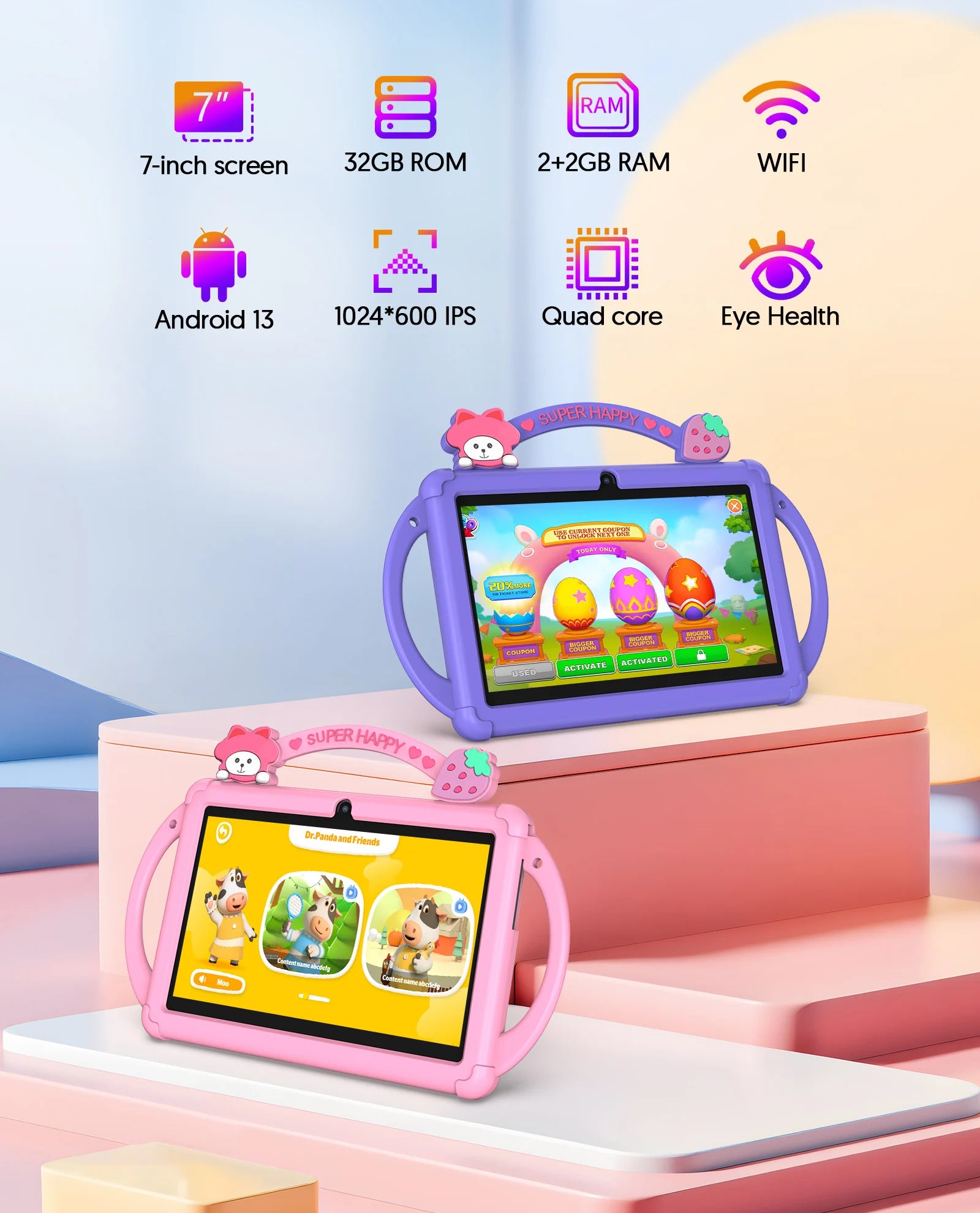 Two children's tablets, one pink and one purple, with feature icons displayed above them on a colorful background.