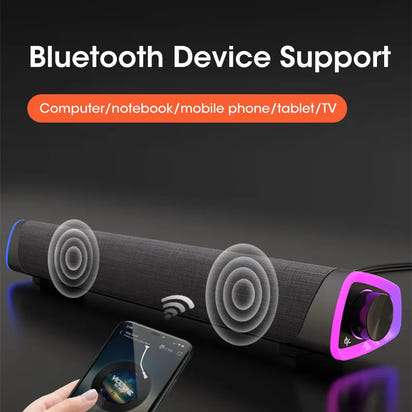 Black Bluetooth speaker with purple accents on a dark background, featuring text about Bluetooth device support.