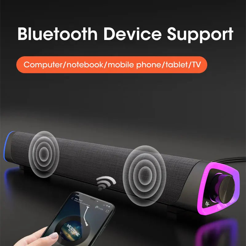 Black Bluetooth speaker with purple accents on a dark background, featuring text about Bluetooth device support.