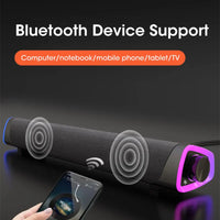Black Bluetooth speaker with purple accents on a dark background, featuring text about Bluetooth device support.