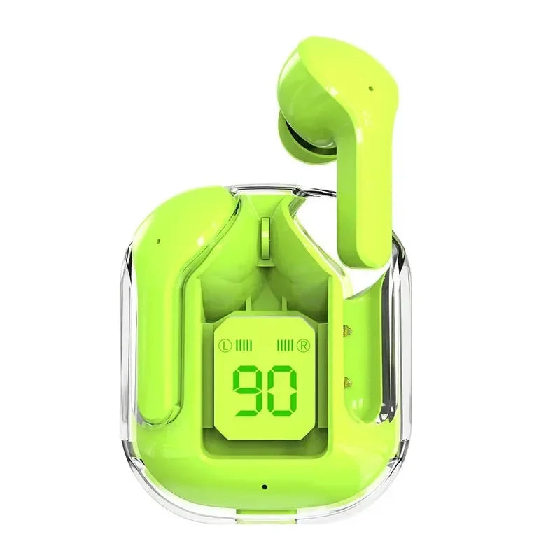 Green wireless earbuds with a digital display in a clear case on a white background