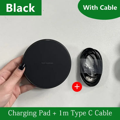 Black wireless charging pad with 1m Type C cable on a white background