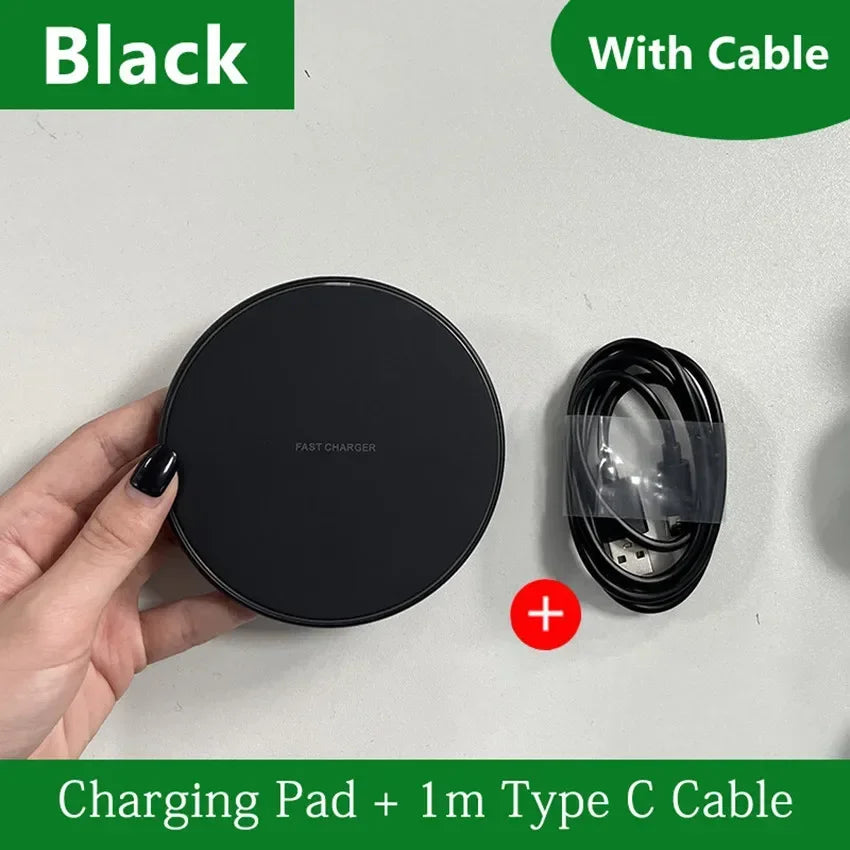Black wireless charging pad with 1m Type C cable on a white background