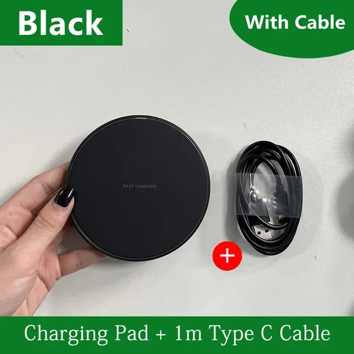 Black wireless charging pad with 1m Type C cable on a white background
