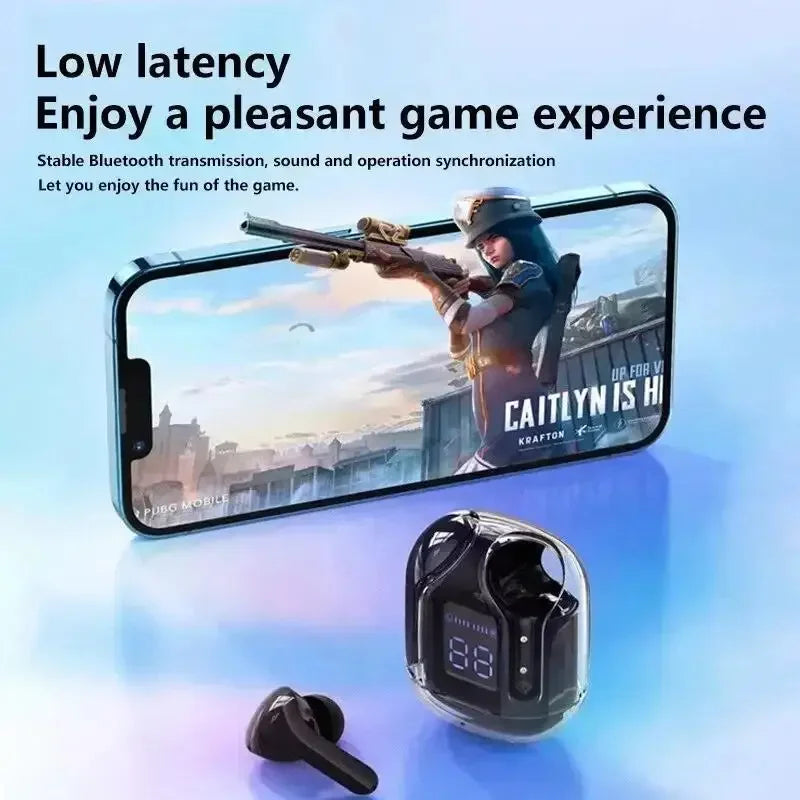 Phone displaying a game with wireless earbuds in front on a light blue background