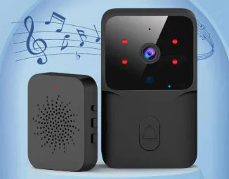 Two black electronic devices with a music note background