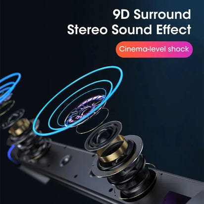 9D Surround Stereo Sound Effect with speakers and sound wave illustration on a dark background