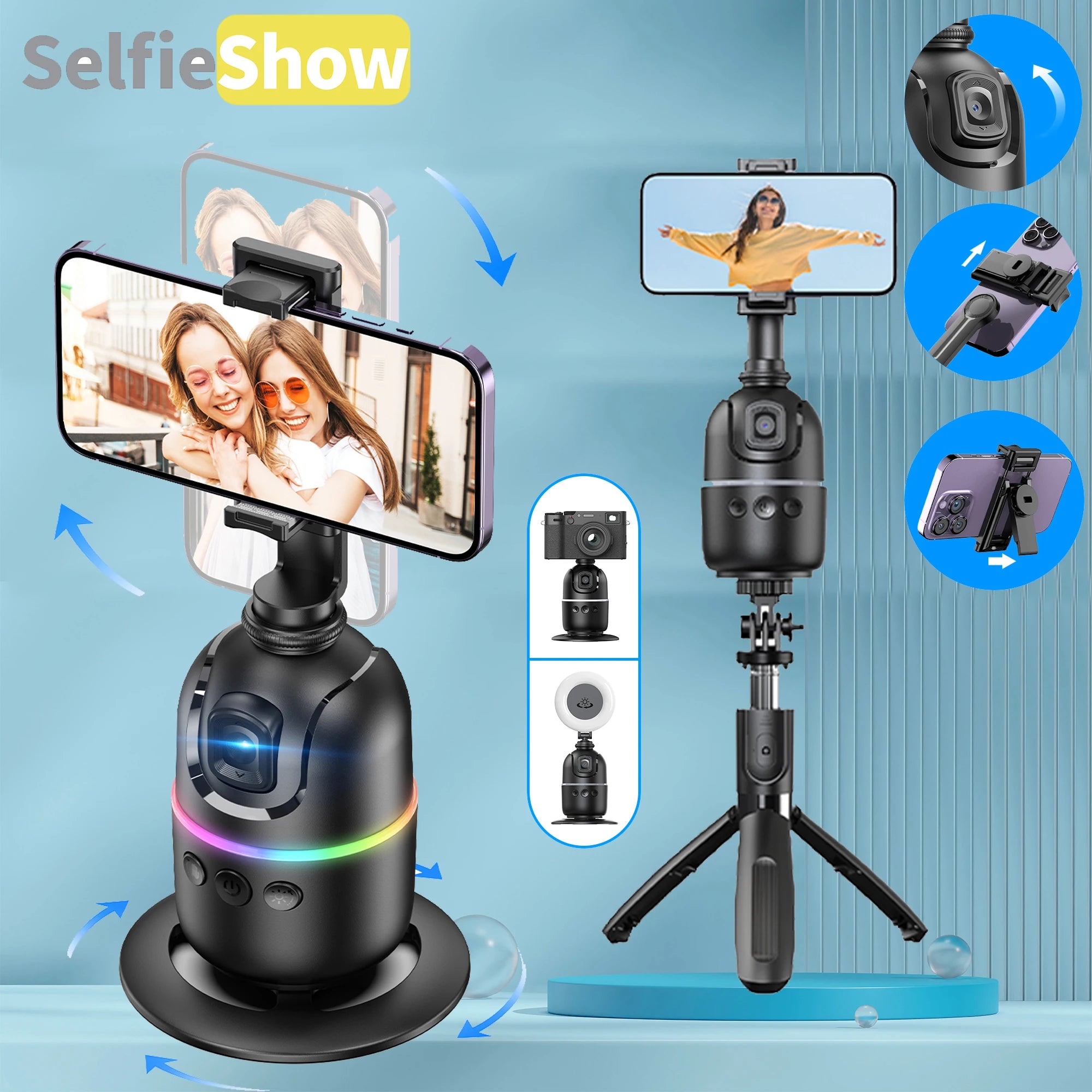 Smartphone selfie stick with multiple attachments on a blue background