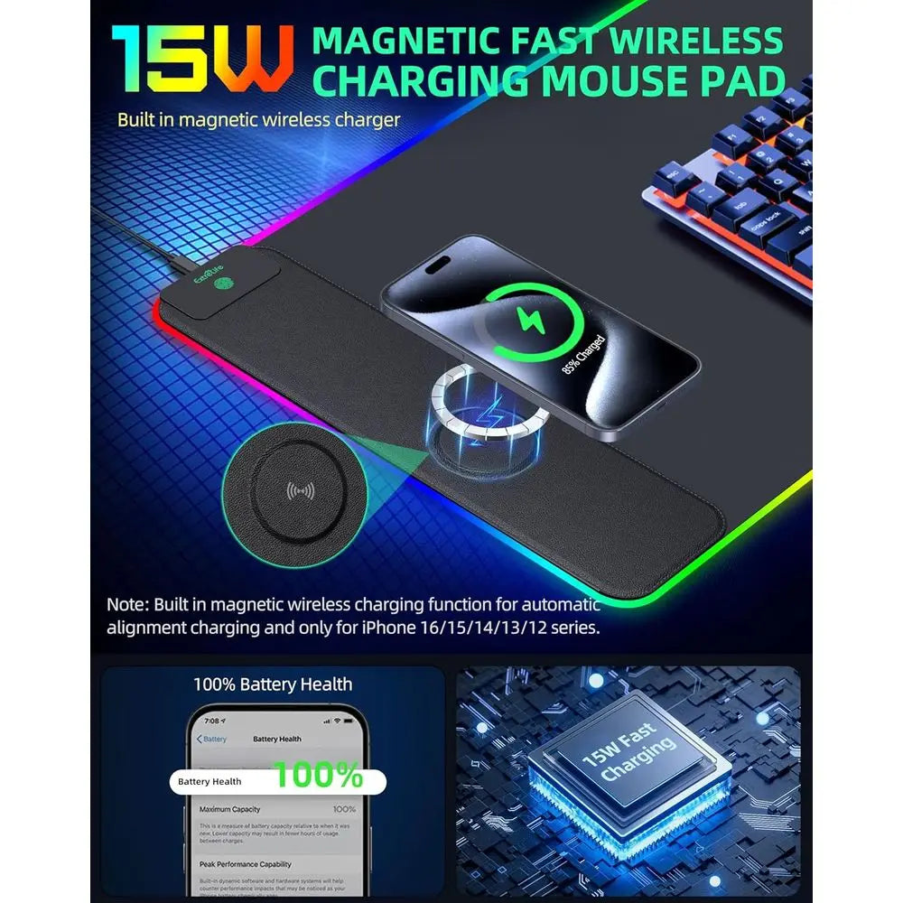 Magnetic fast wireless charging mouse pad with smartphone on top, keyboard in the background, and battery health indicator.