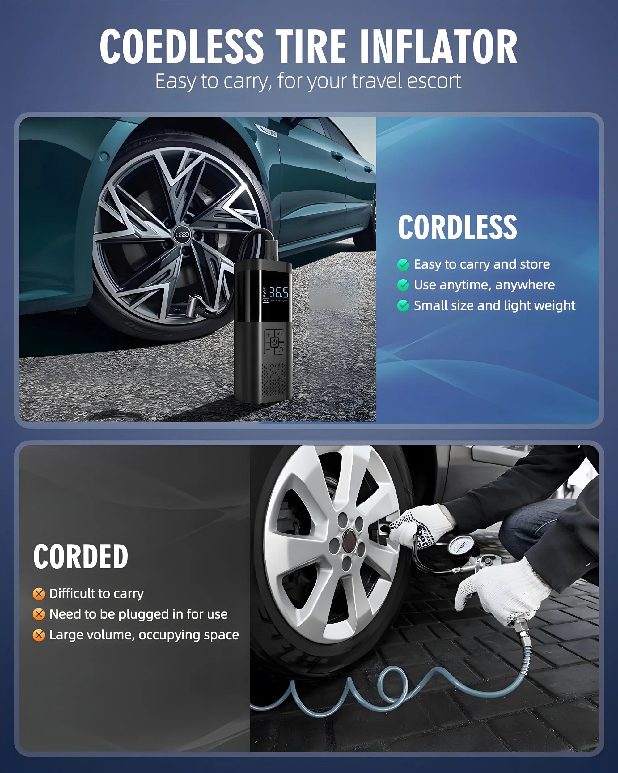 Comparison of cordless and corded tire inflators with images and text.