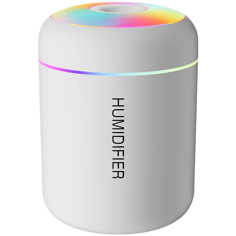 White humidifier with colorful LED lights on a white background
