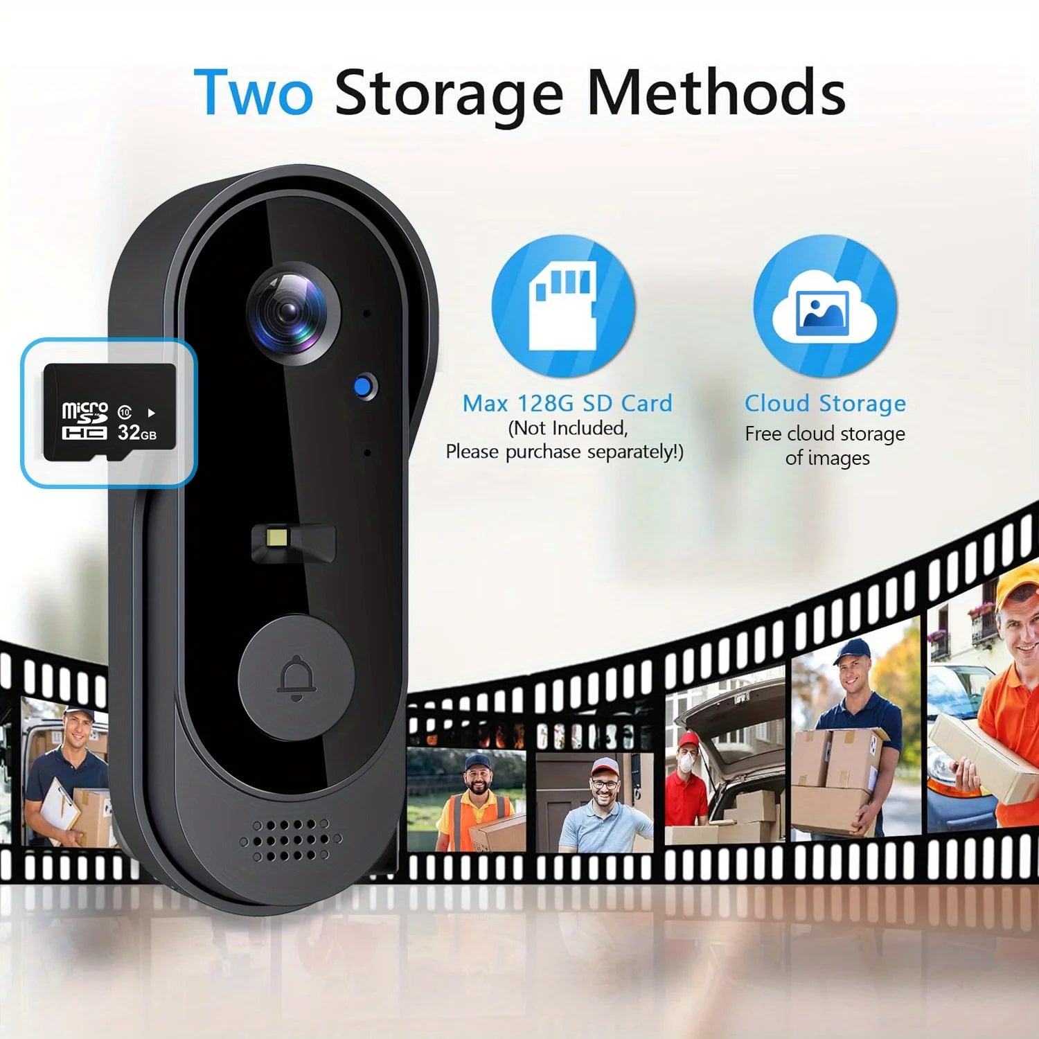 Smart doorbell with storage method options on a white background