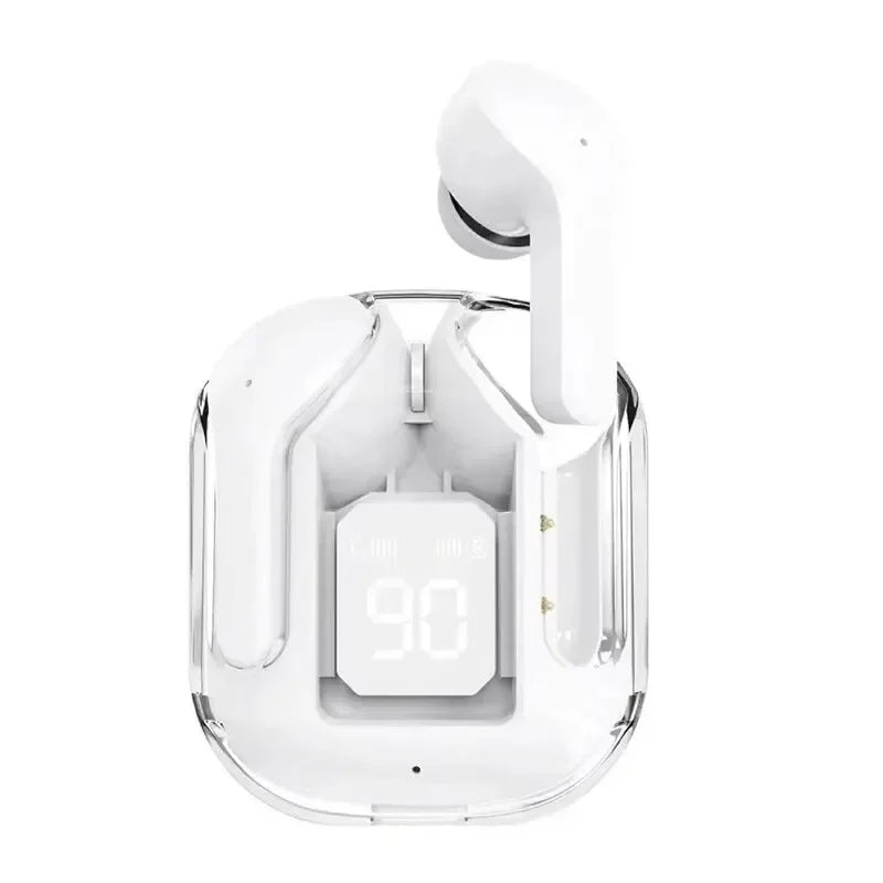 Wireless earbuds in a transparent case on a white background