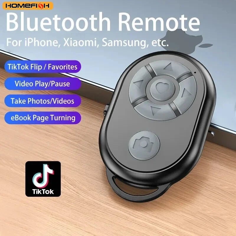 Bluetooth remote control with features listed for various devices on a wooden surface.