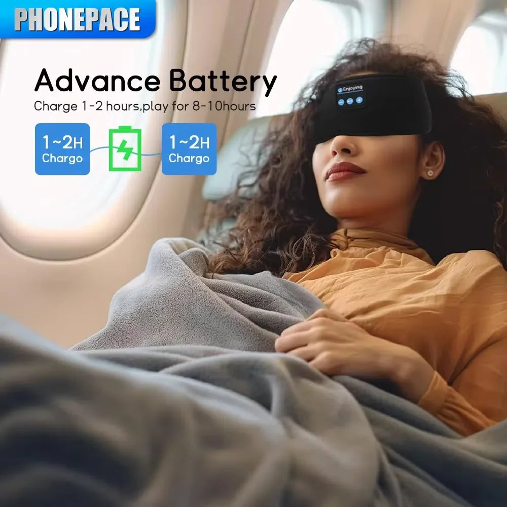 “Person lying in bed wearing a Bluetooth sleep mask with built-in speakers.”
