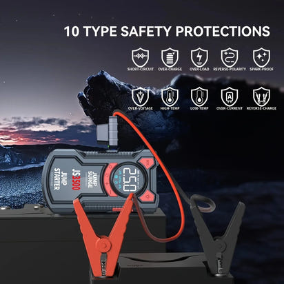 Jump starter with safety protections displayed against a mountainous landscape background