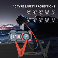 Jump starter with safety protections displayed against a mountainous landscape background