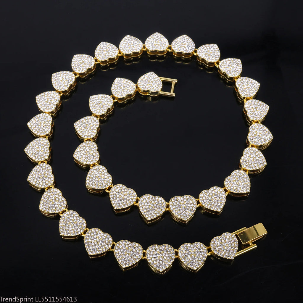 Gold-tone heart rhinestone necklace in a curved arrangement