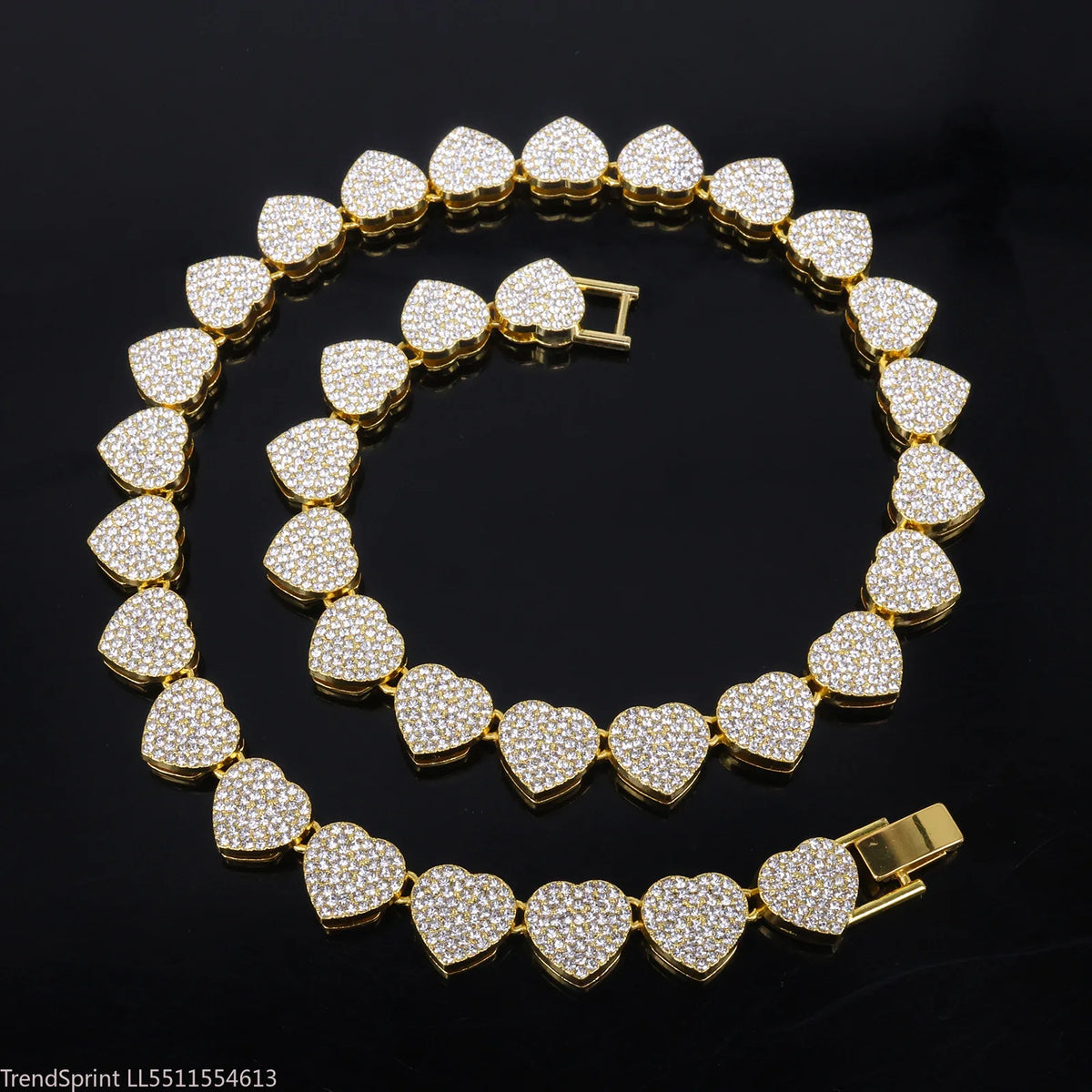 Gold-tone heart rhinestone necklace in a curved arrangement