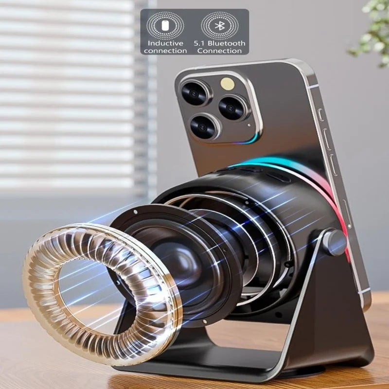 Phone with a lens attachment on a wooden surface