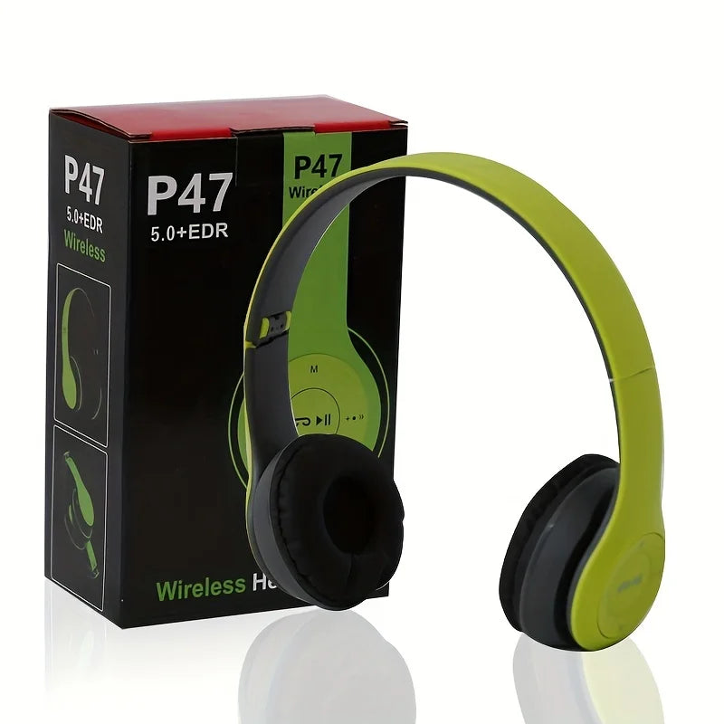 Green and black headphones with 'P47' branding on a white background