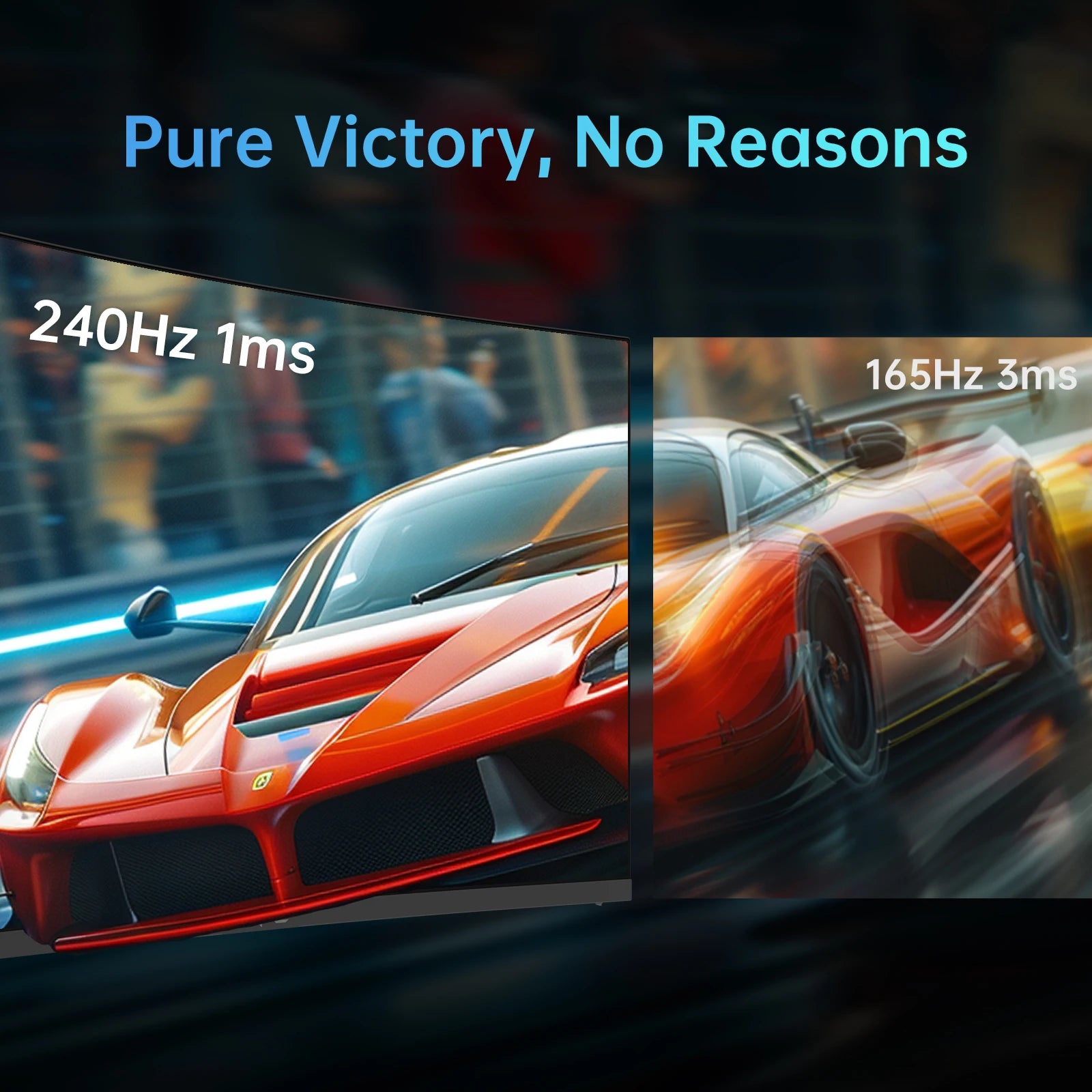 Two racing cars with performance specifications on a dark background