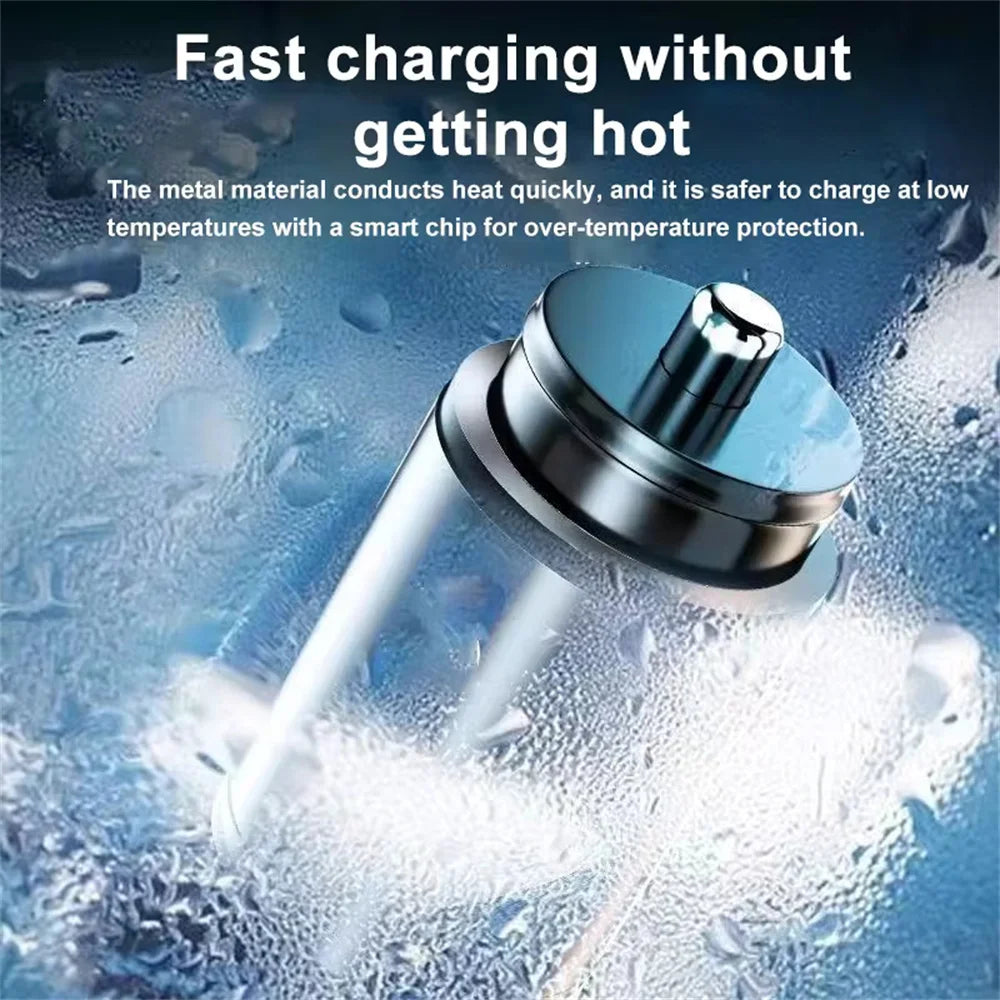 Metallic device with charging feature on a wet surface, text about fast charging and temperature safety.