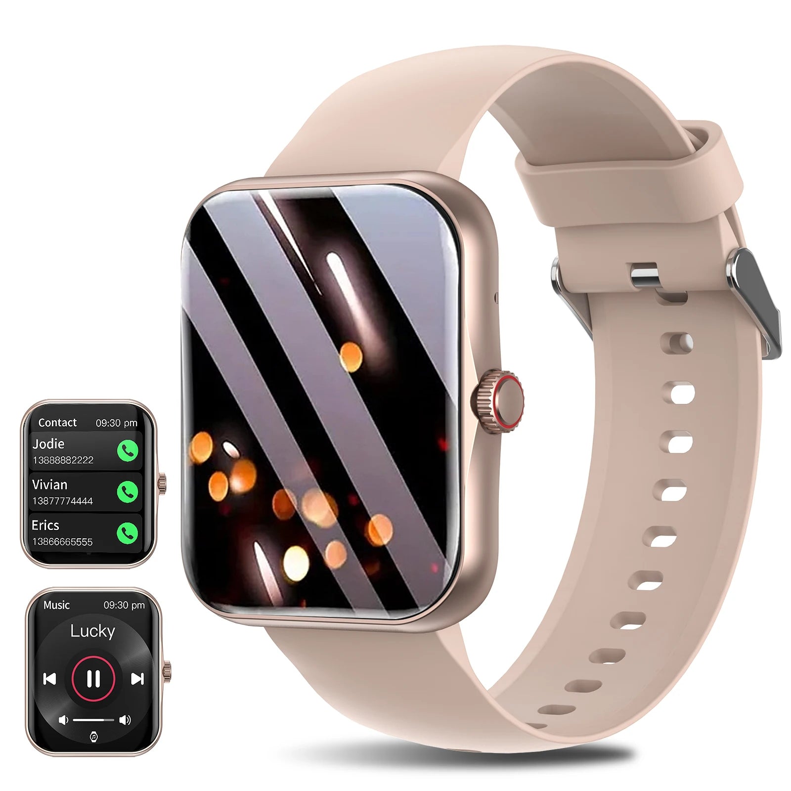 Model wearing the lavender Bluetooth smartwatch while answering a call on the screen.