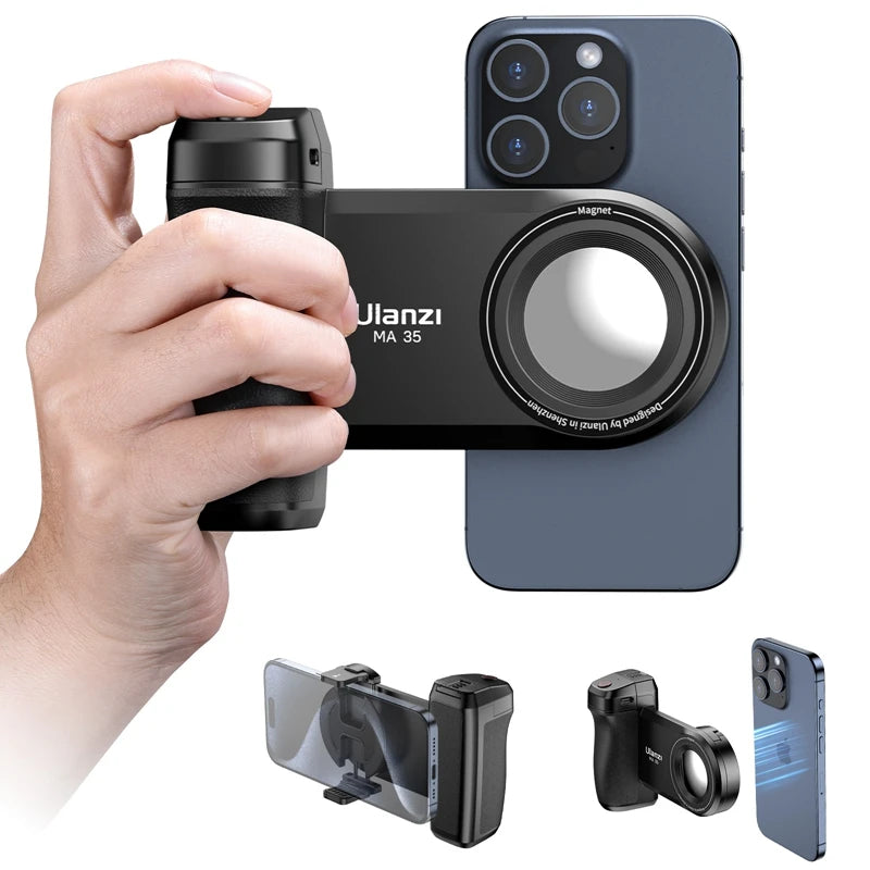 “MagSafe SnapGrip Bluetooth camera handle attached to a smartphone, held in a person's hand, shown on a white background.”