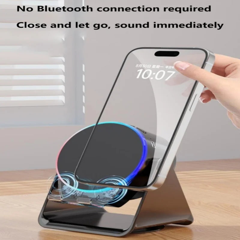 Wireless charging stand with a phone on top, showing 'No Bluetooth connection required' text.