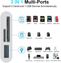Close-up view of the multi-port card reader with USB, USB-C, Lightning, SD, and TF slots.