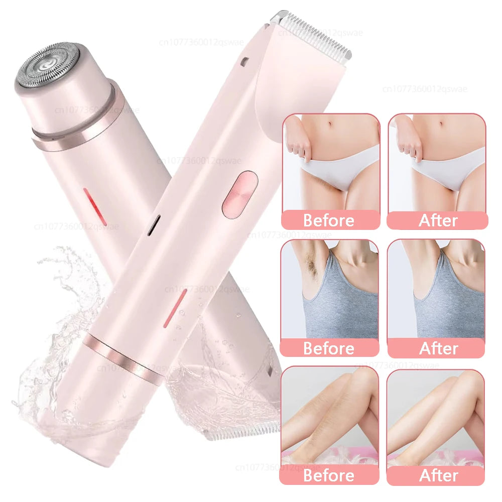 Pink hair removal device with 'Before' and 'After' images of hair removal on various body parts.