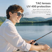 “Man wearing smart camera glasses while outdoors in sunlight.”