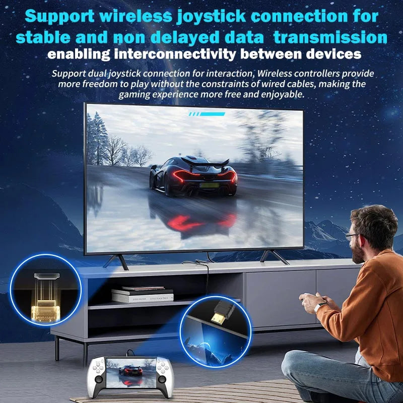 Person playing a racing game on a large screen with text about wireless joystick connection.