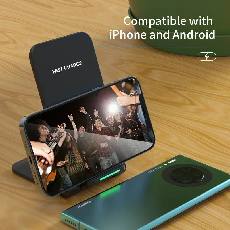 Phone stand with smartphone on a wooden surface, compatible with iPhone and Android.