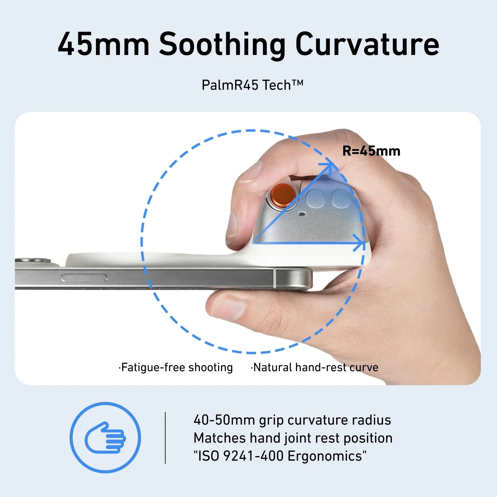 “Close-up view of a magnetic handheld camera grip for smartphones, featuring ergonomic design and shutter button.”