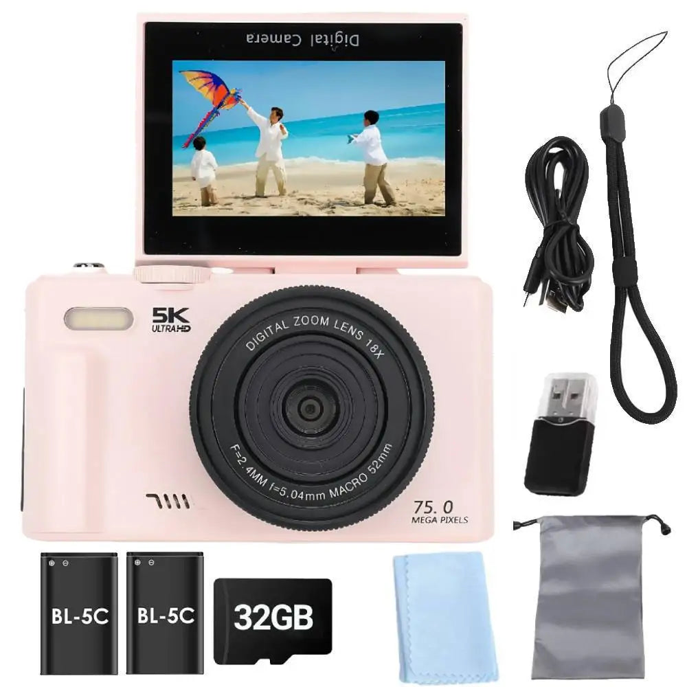 Pink digital camera with accessories on a white background