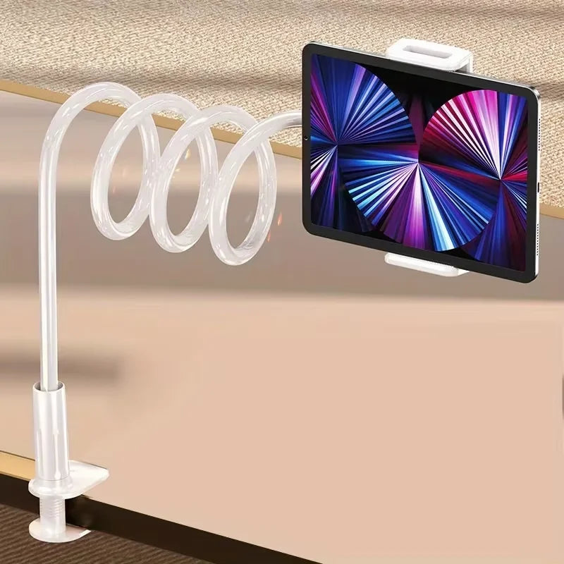 Smartphone held by a flexible stand on a desk with a colorful display.
