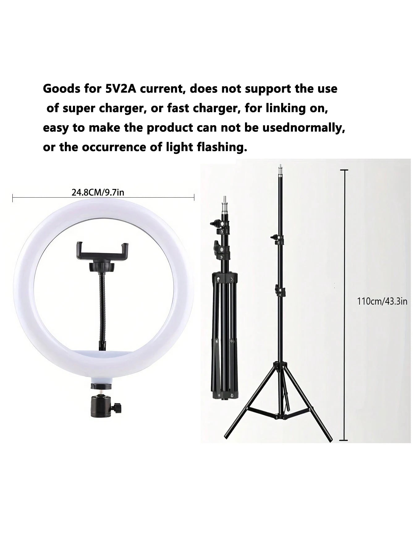 Ring light with stand and dimensions on a white background