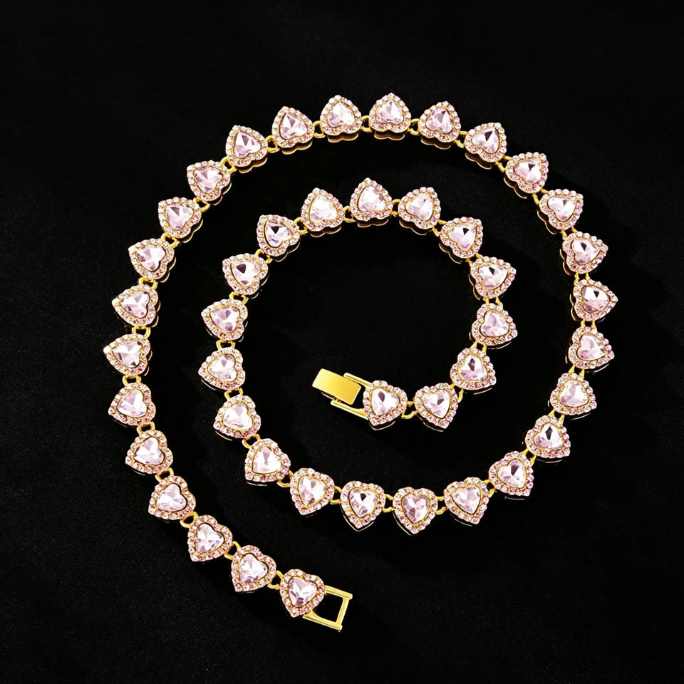 Pink heart rhinestone necklace with gold-tone settings