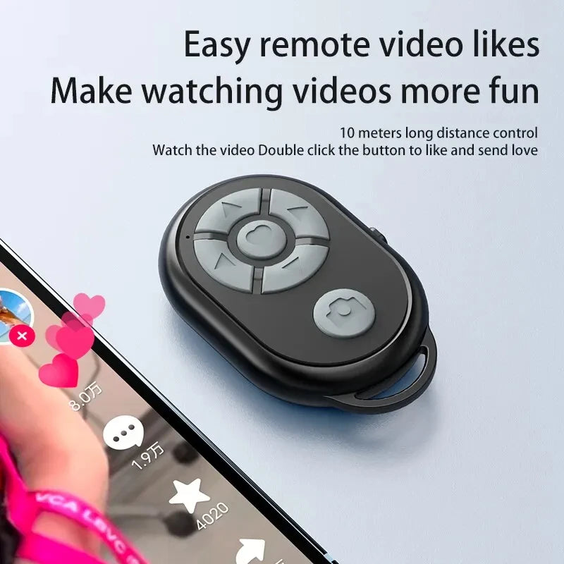Remote control device for video likes with smartphone displaying social media app in the background