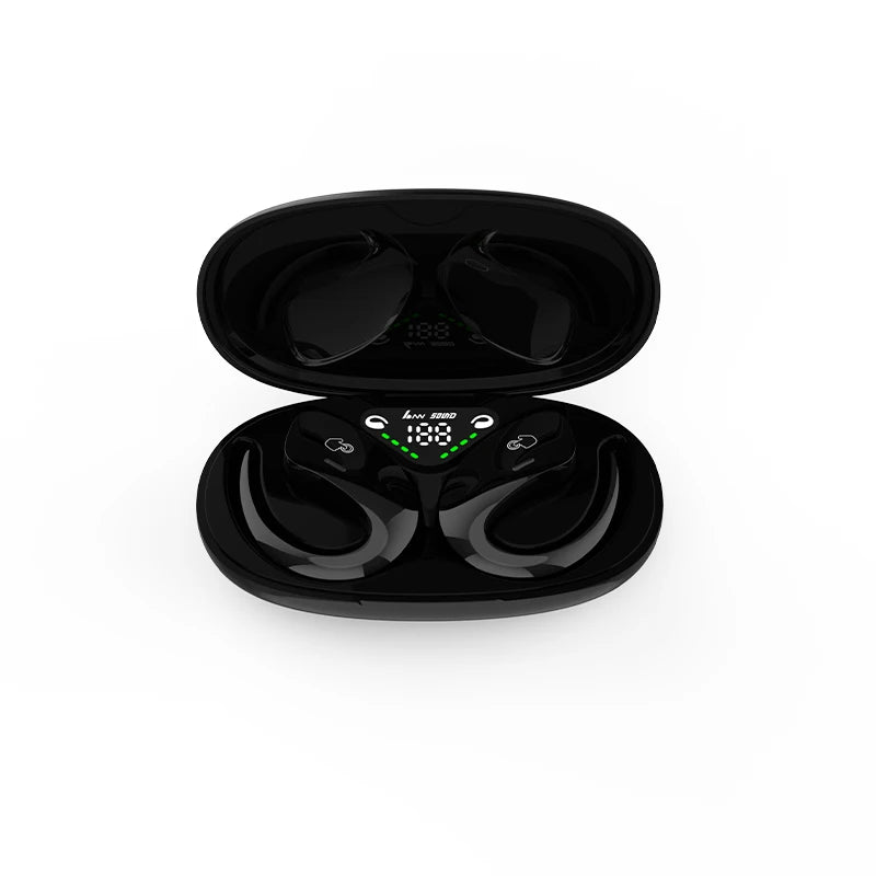 Black earbud case with digital display on a white background