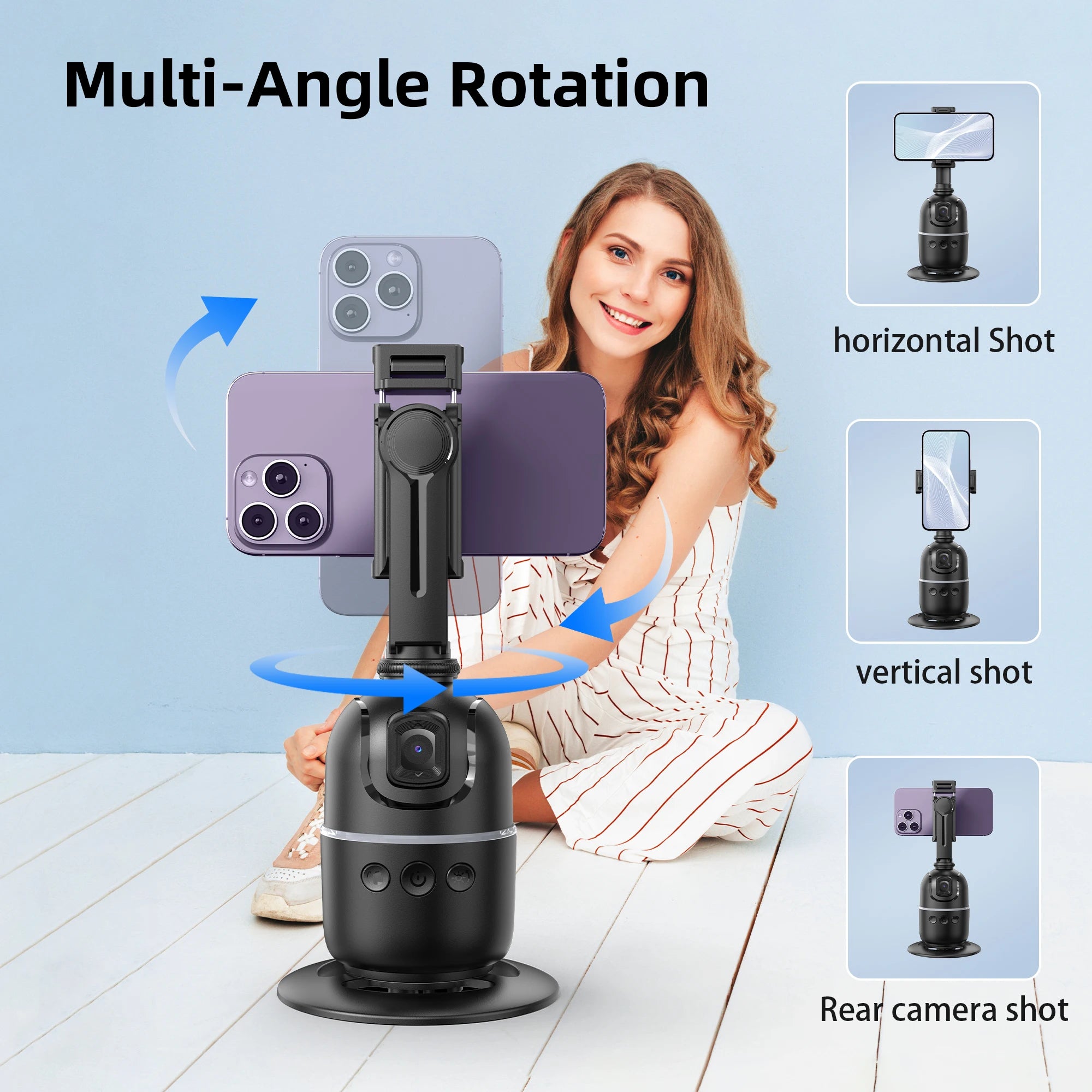 Multi-angle rotation phone holder with smartphone and woman on light blue background