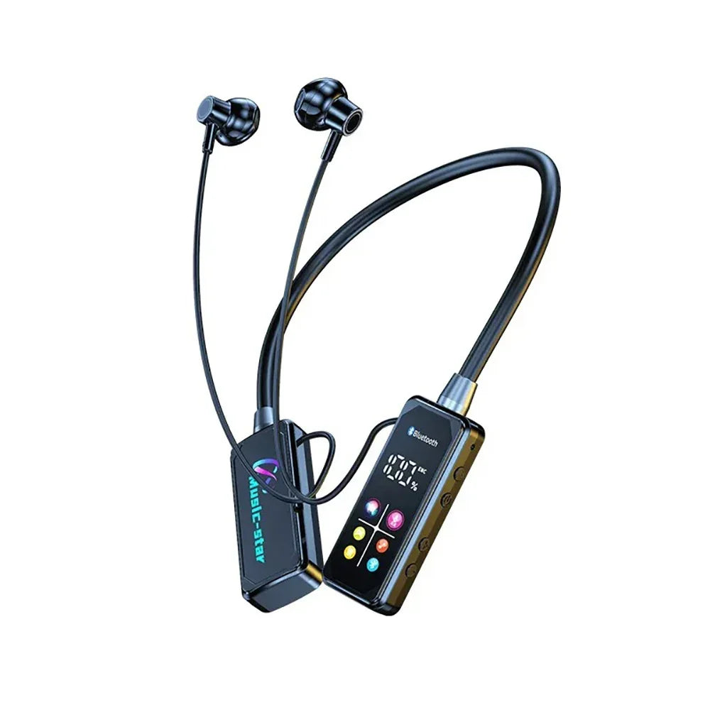 Black wireless earbuds with a receiver on a white background