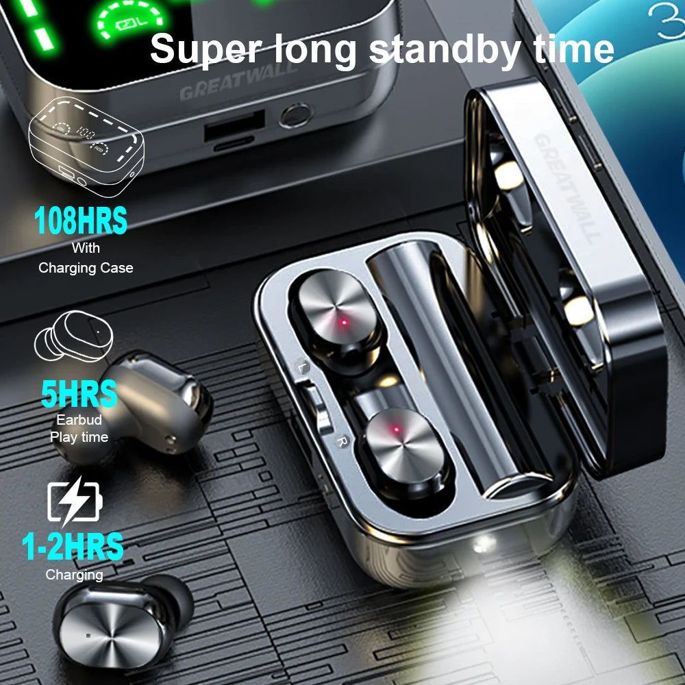 Wireless earbuds with charging case on a textured surface, showing battery life indicators.