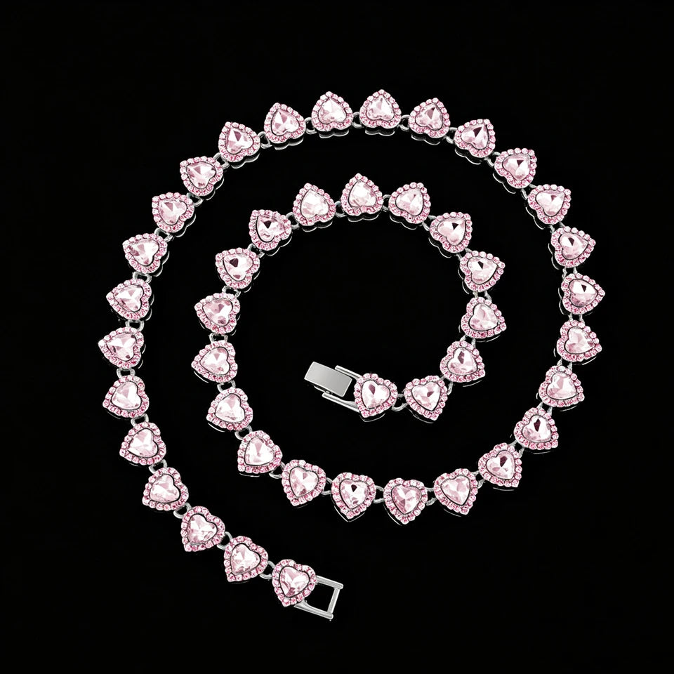 Pink heart rhinestone necklace with silver-tone settings