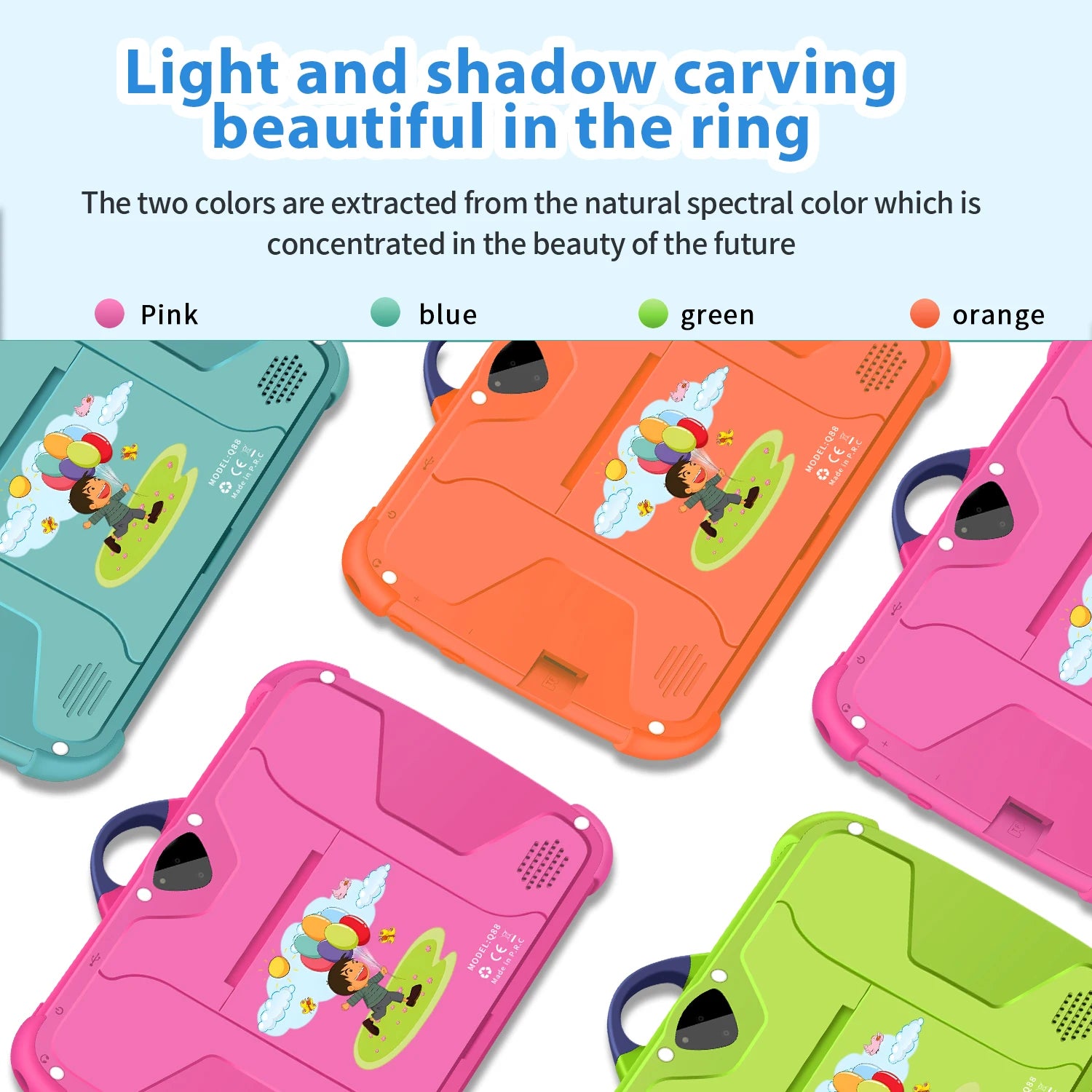 “Kids educational tablet in pink, orange, blue, and green cases”