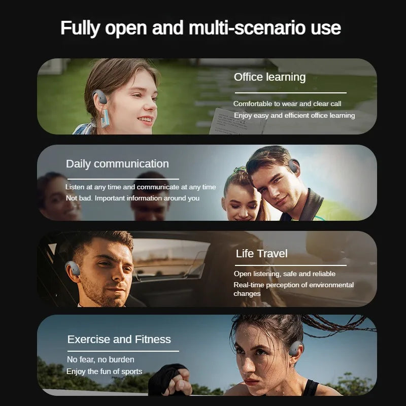 Product features for office learning, daily communication, life travel, and exercise and fitness with images of people using the product.