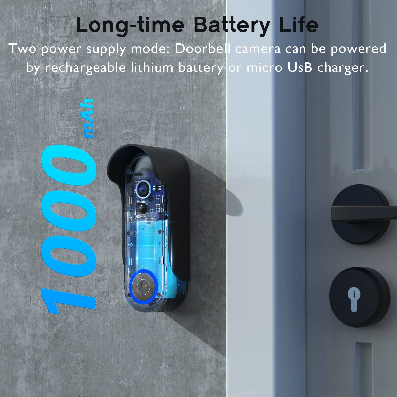 Doorbell camera with battery life indicator on a door